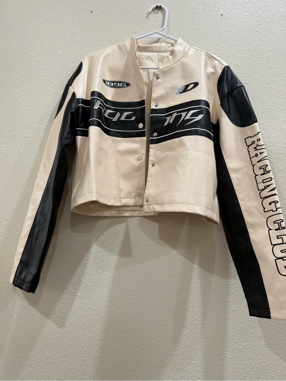 Cream & Black Racing-Inspired Women's Faux Leather Jacket